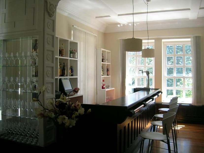 Bar area with dark wood counter, white shelving, and bright windows overlooking greenery