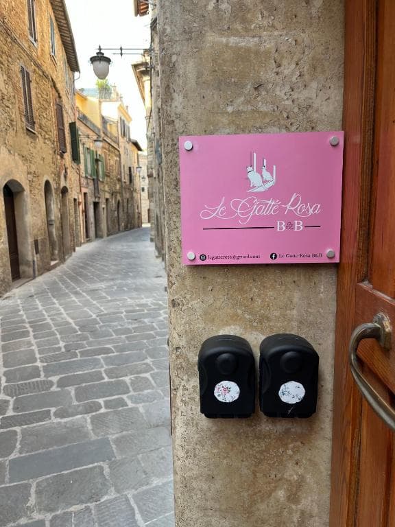 Pink "Le Gatte Rosa B&B" sign on stone wall next to narrow cobblestone street.