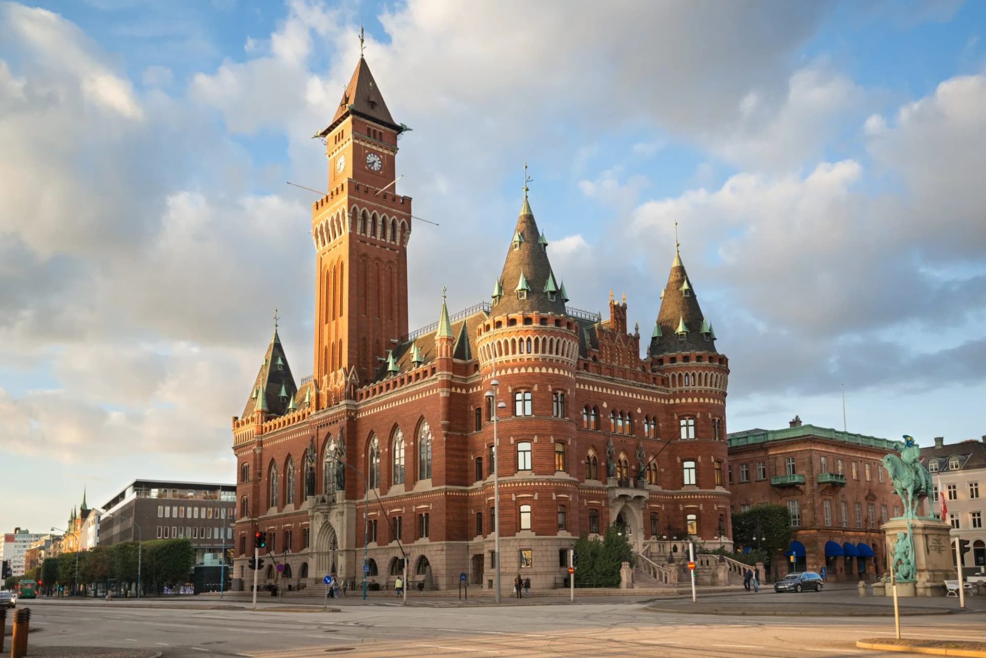 Helsingborg City Hall-Radhuset in Sweden at the central part of the city. The clock tower is 65 meters high, Helsingborg is the northern part of western Scania and Sweden's closest point to Denmark.