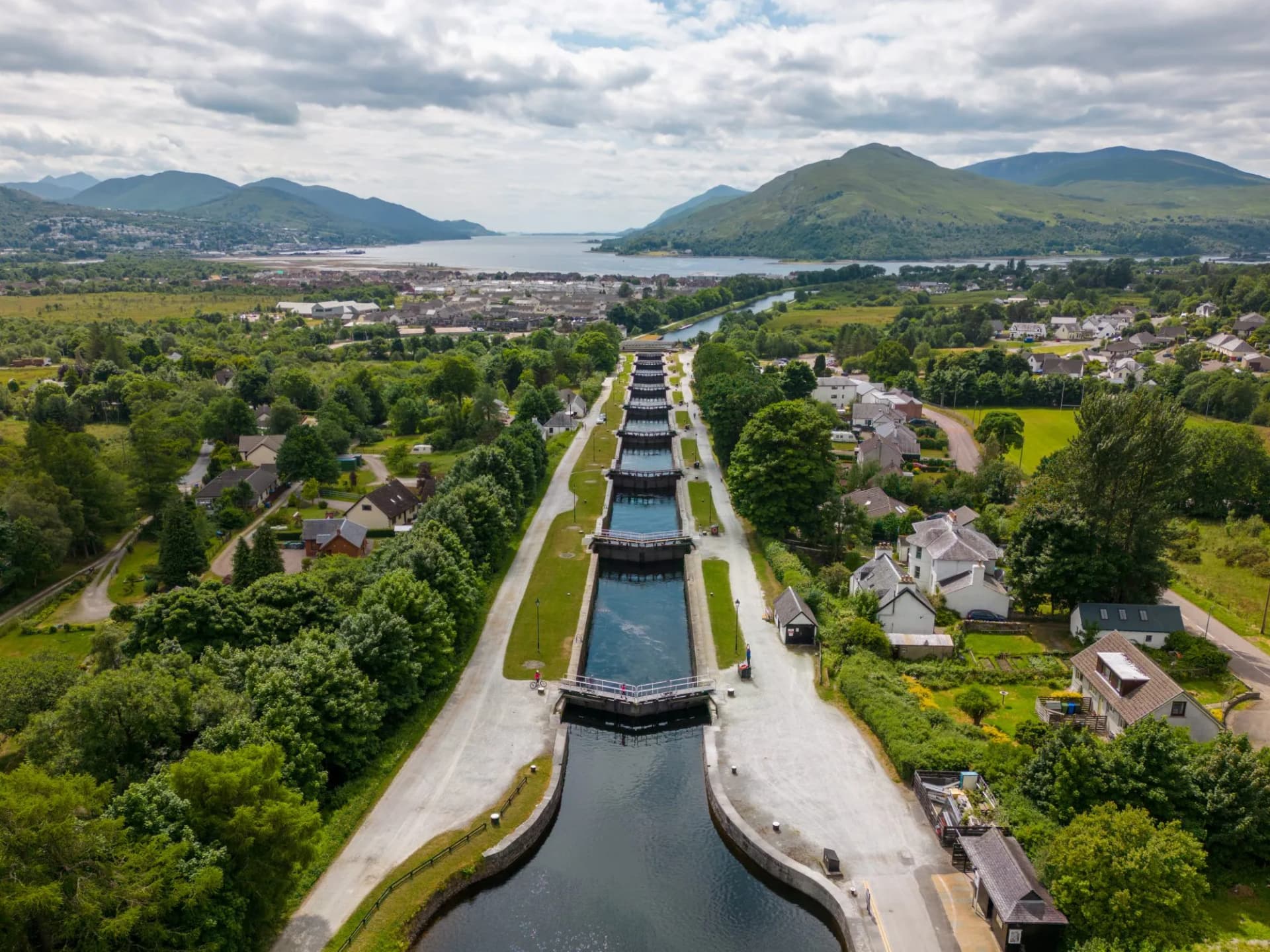 Aerial drone photo of the Neptune's stairs which is a boat lock in Fort William, Scotland.