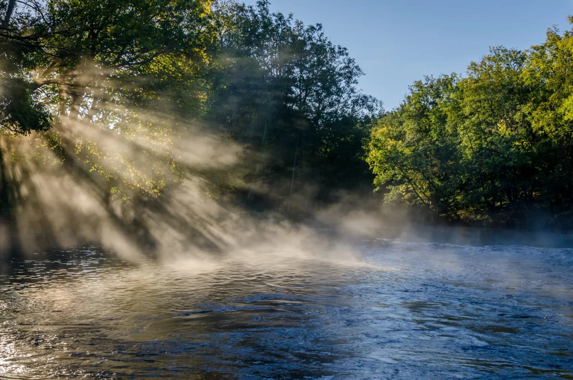 Magical morning, fog and sunshine at a river just outside Gothenburg, Sweden. View of a beautiful landscape, with trees, water, morning light and mist. Natural background with copy space.