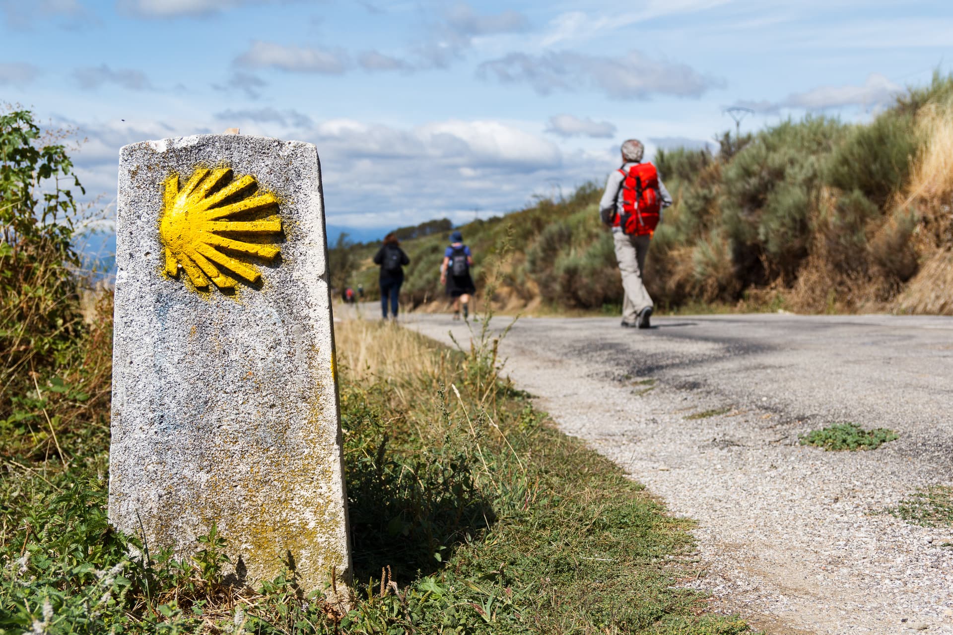 Camino de Santiago marker with yellow scallop shell next to hikers on a rural road.