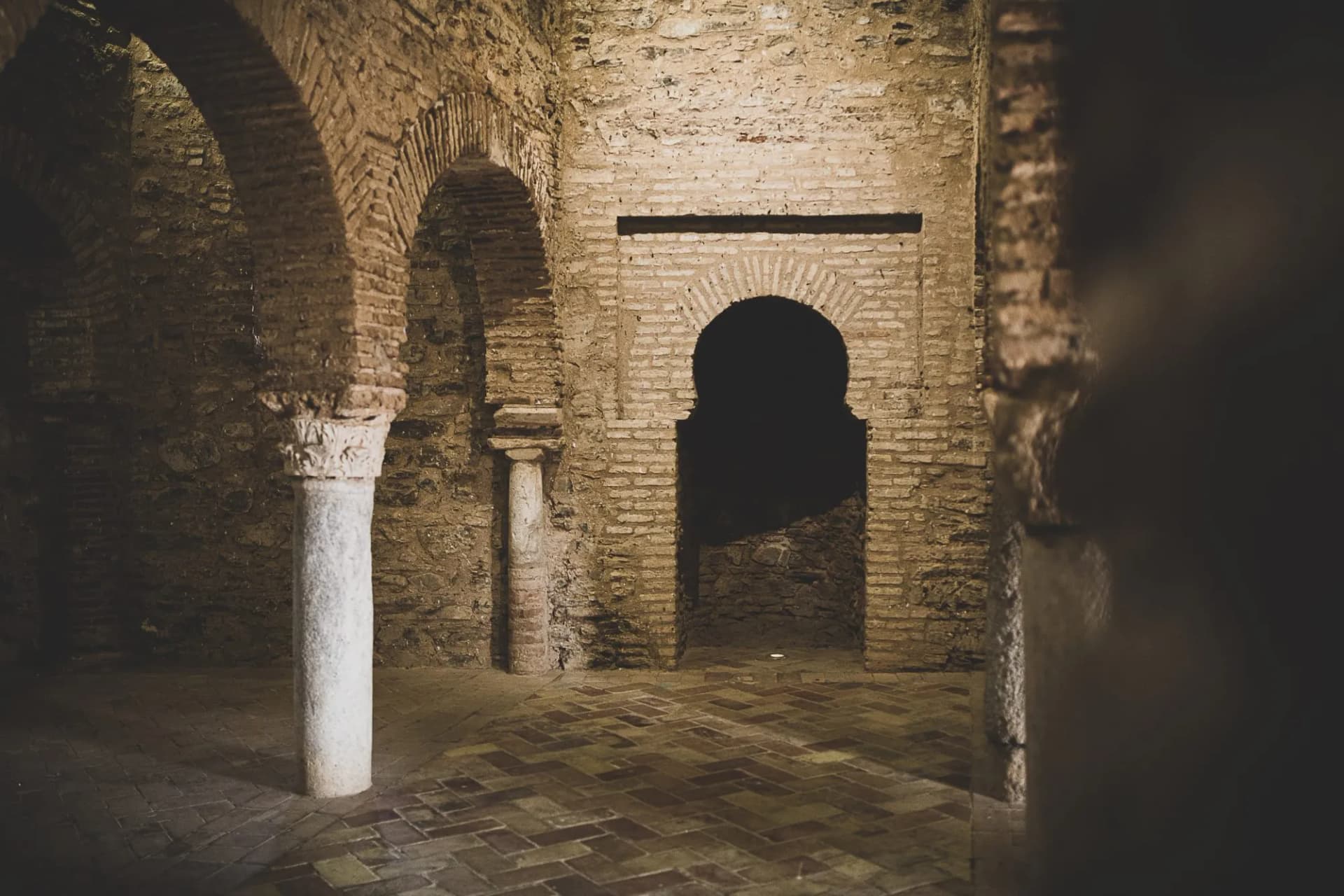 Interior columns of the famous old historic Almonaster la Real Mosque in Spain