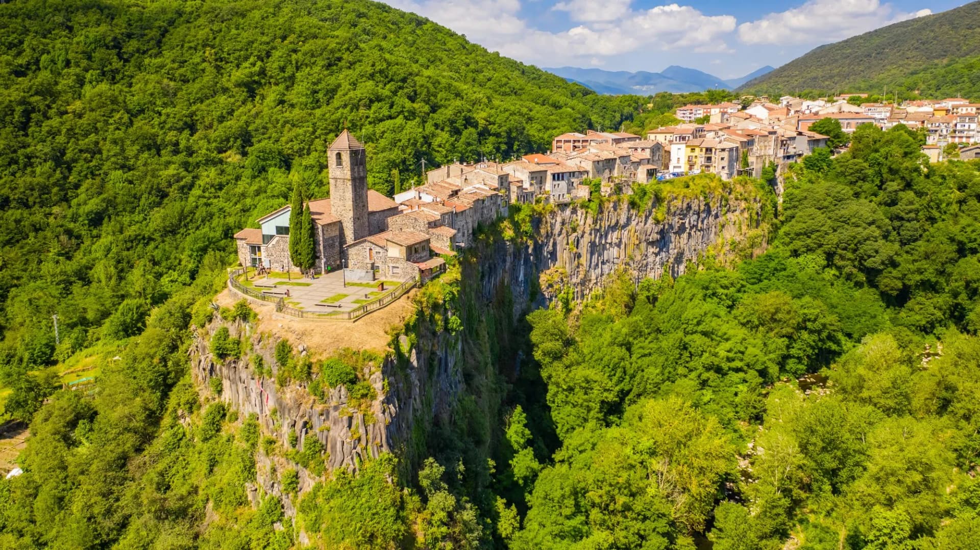 Castellfollit de la Roca. Castle on the rock. Spain. Aerial view