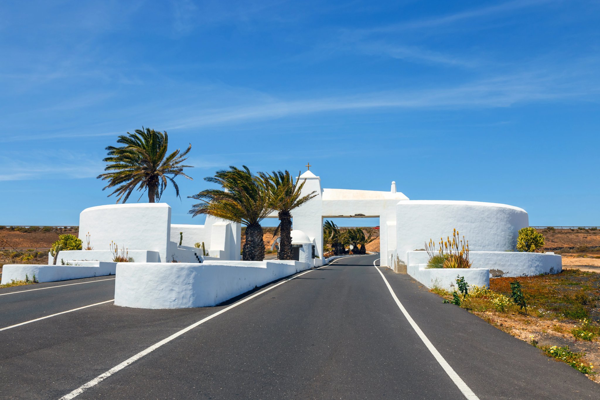 strada con cancello bianco d'ingresso e palme, Lanzarote Spagna
