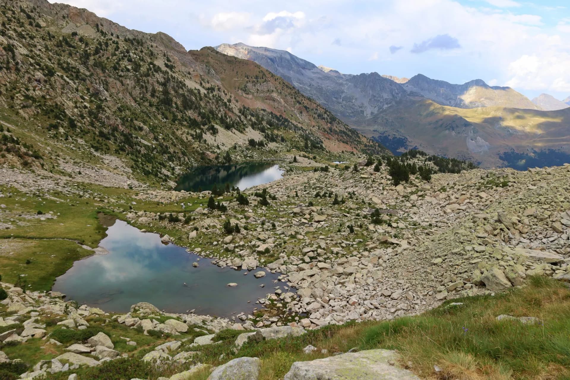 Alpine lakes among rocky moraine and mountains in Posets-Maladeta National Park, Benasque Valley.