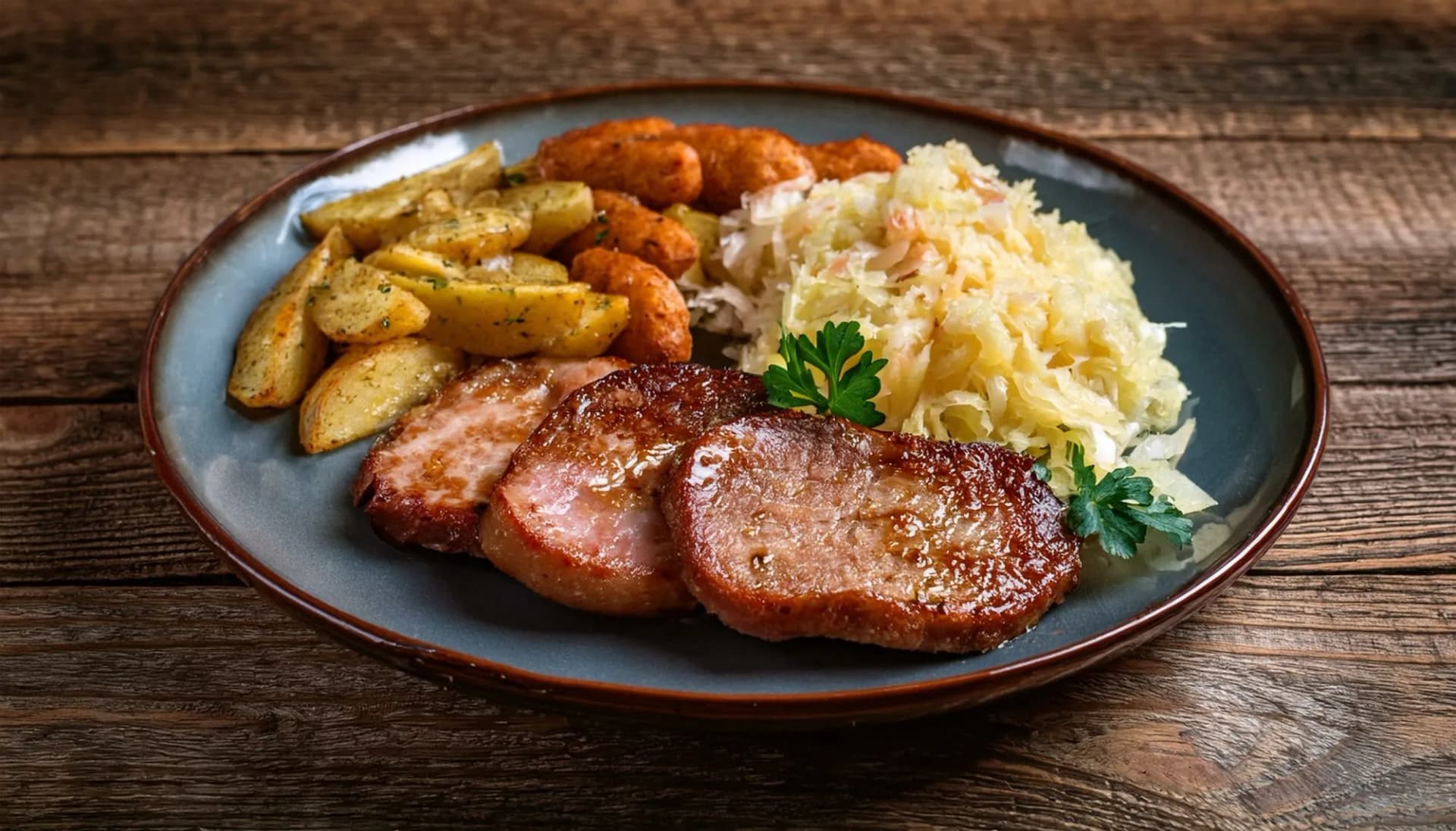 Palatinate Saumagen with sauerkraut, roasted potatoes, and small sausages on a plate.
