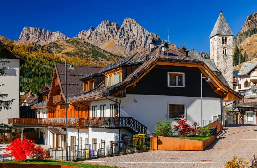 Autumn scenic view of the Pale di San Martino near San Martino di Castrozza mountain resort, Trentino province, Italy, Europe