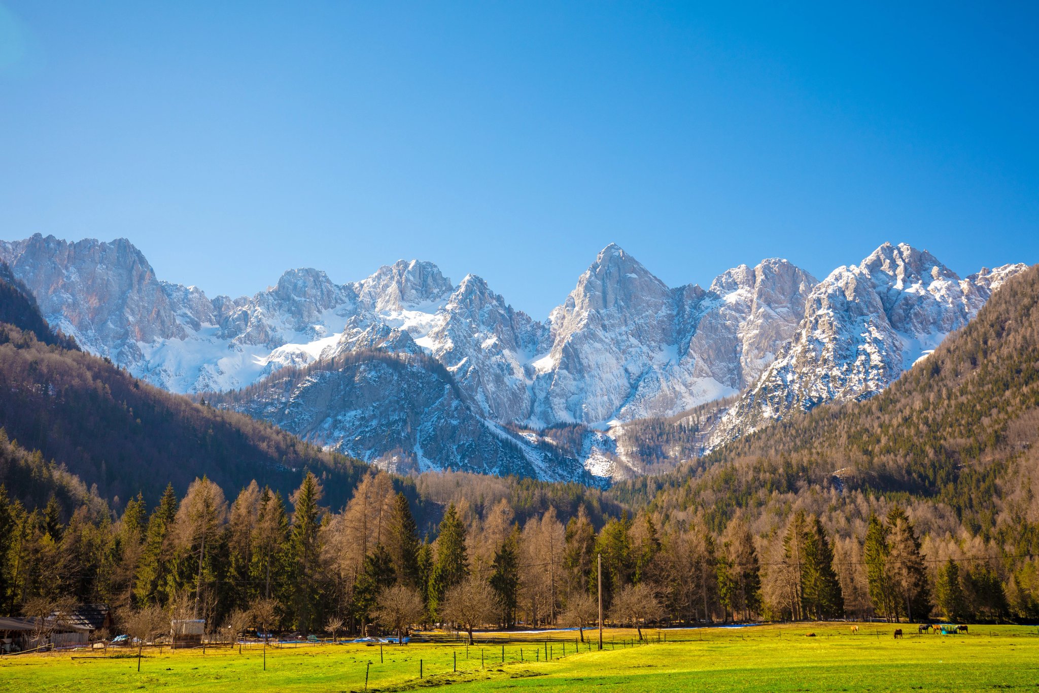 Les sommets des montagnes sont couverts de neige. Parc national du Triglav. Slovénie, Europe
