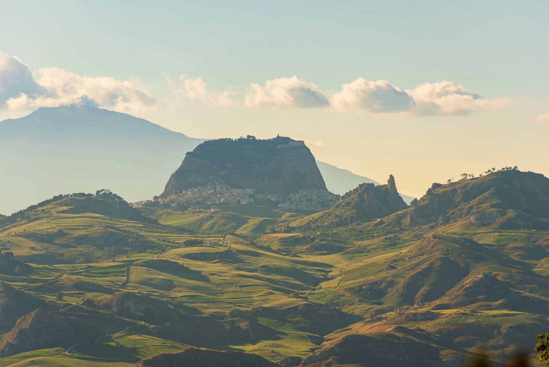 View of Sutera from Montedoro, Caltanissetta, Sicily, Italy, Europe