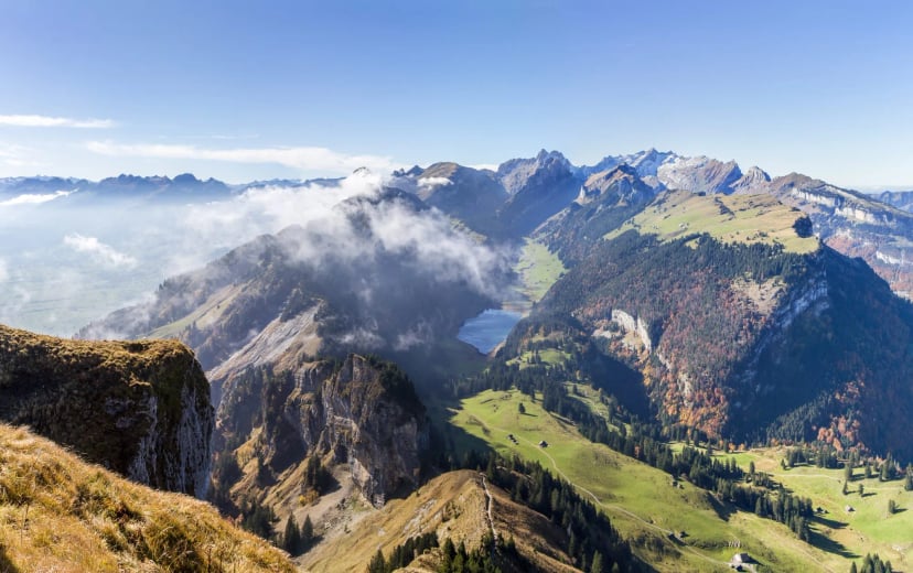 Panorama view from Hoher Kasten an the Alps peaks in Switzerland