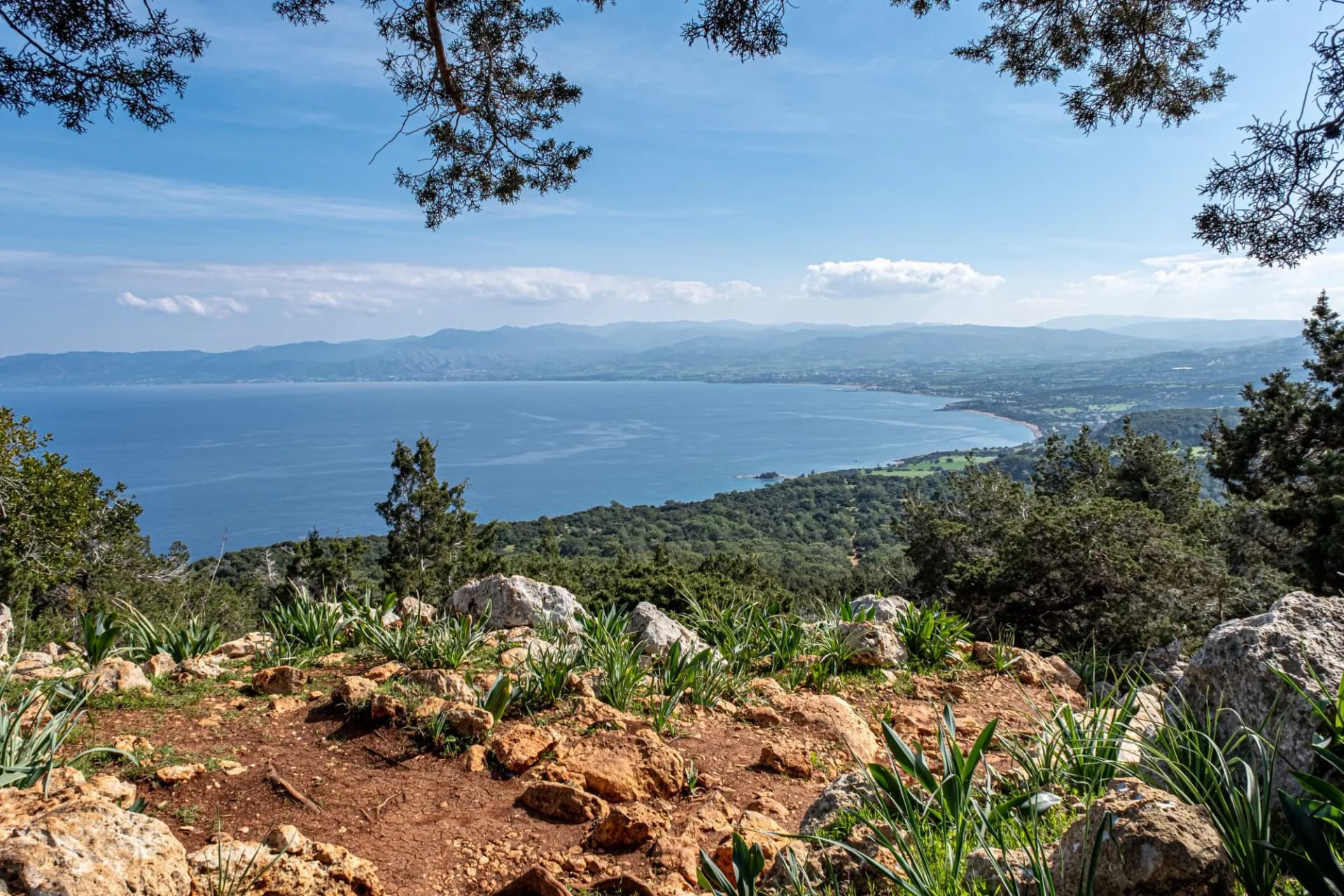 View of Aphrodite Nature (Circular) Trail, located above Neo Chorio village on Akamas Peninsula, Pafos district, Cyprus