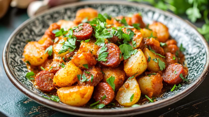 A serving of patatas a la riojana, potatoes with chorizo in a rich paprika sauce, garnished with fresh parsley