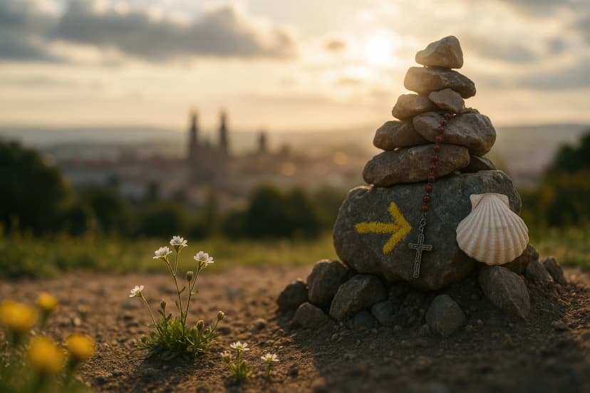Painted Stone with Yellow Arrow, Cairns, Shells, and Rosaries as Symbols of Faith on the Pilgrimage to Santiago de Compostela.