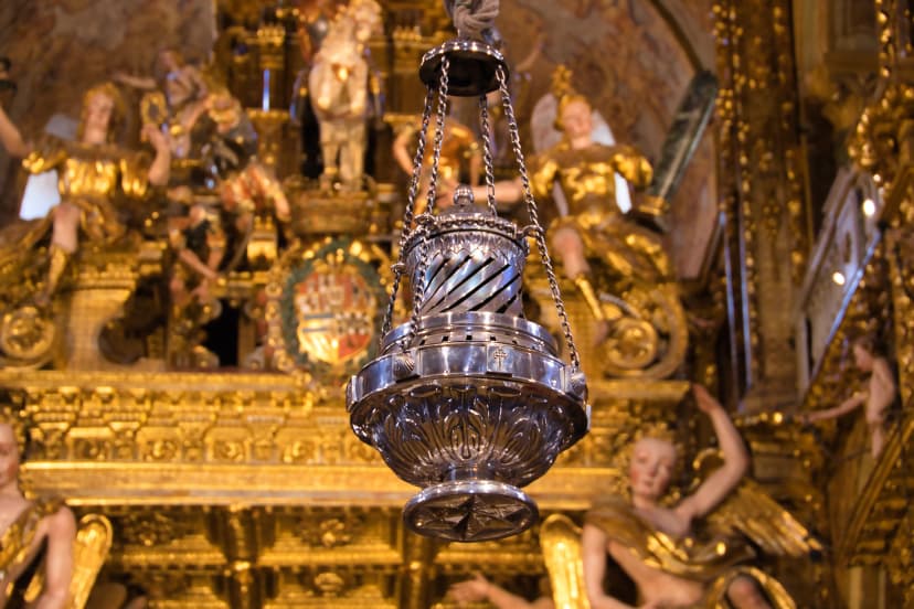 Botafumeiro in the cathedral of Santiago de Compostela that serves to distribute the smell of incense. Pilgrim concept, journey, road, religion.