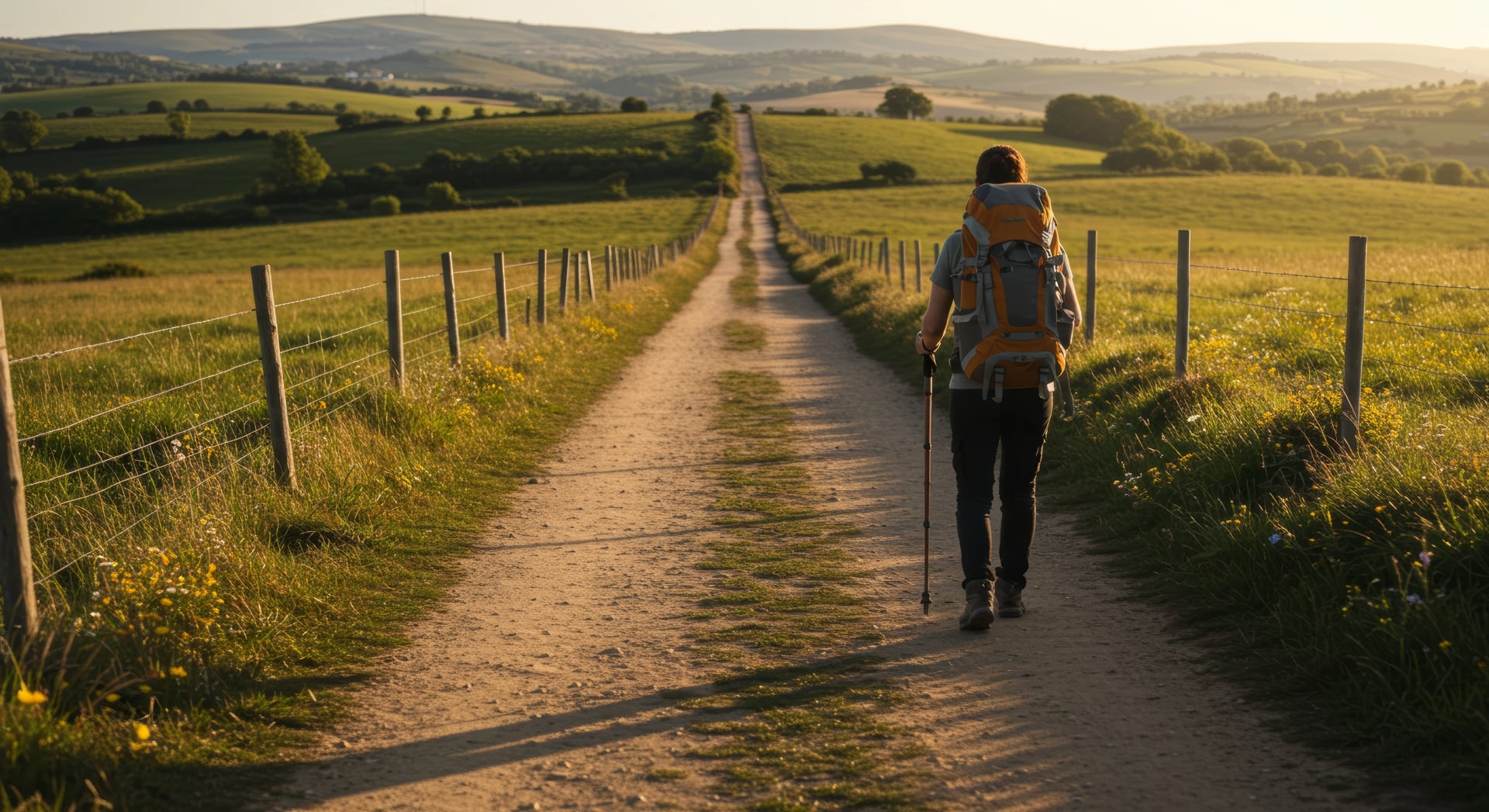 A solitary hiker traverses a long path through rolling green hills at sunset, experiencing the peaceful solitude of the Camino de Santiago