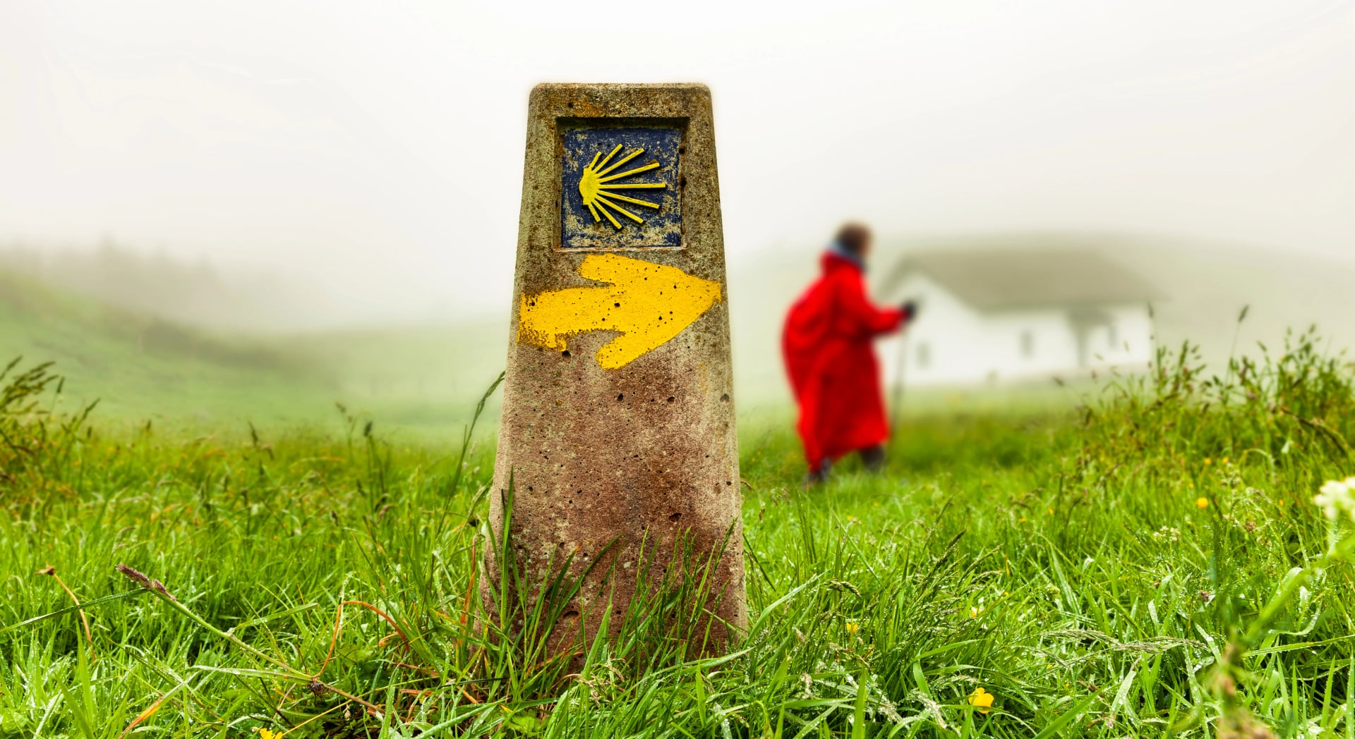 Pilgerin auf dem Jakobsweg am Ibaneta Pass in den Pyrenäen
