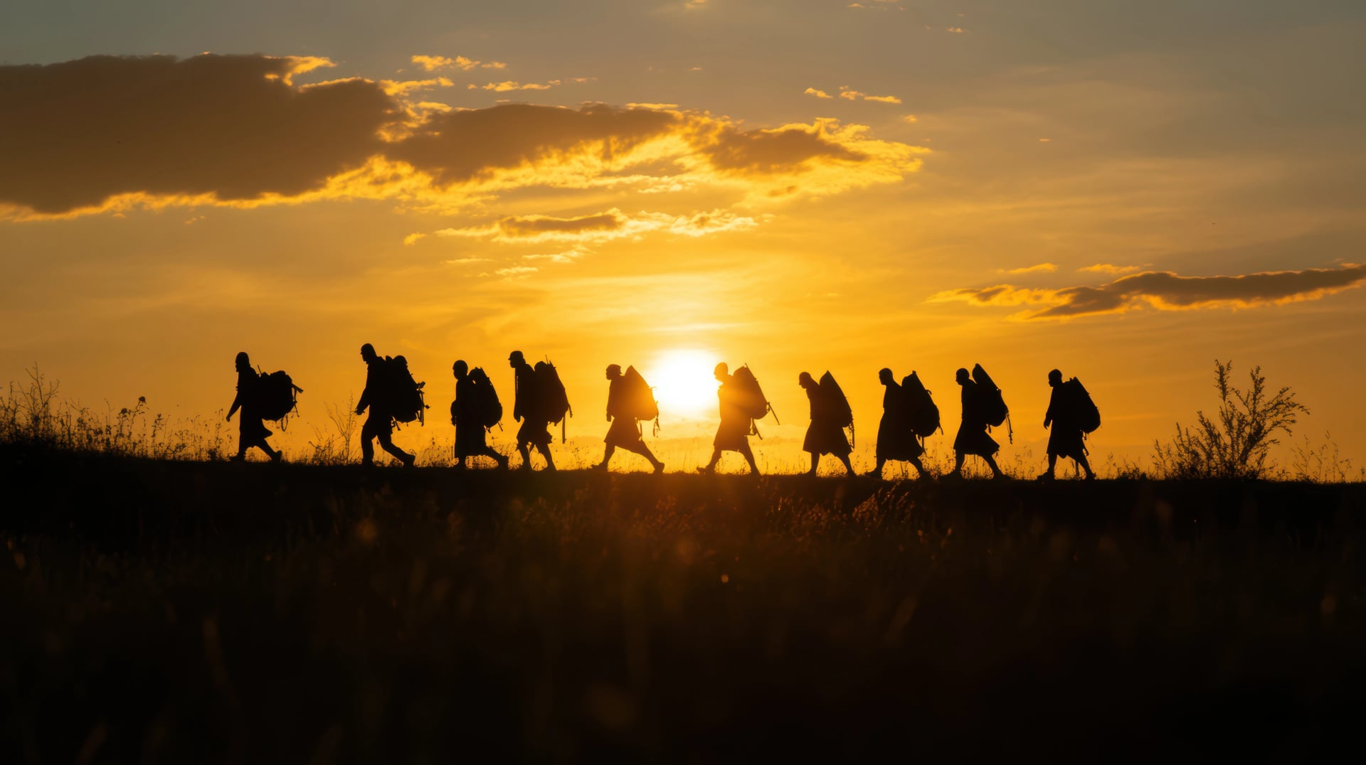 Pilgrims journey at sunset along the camino de santiago - spiritual adventure and reflection