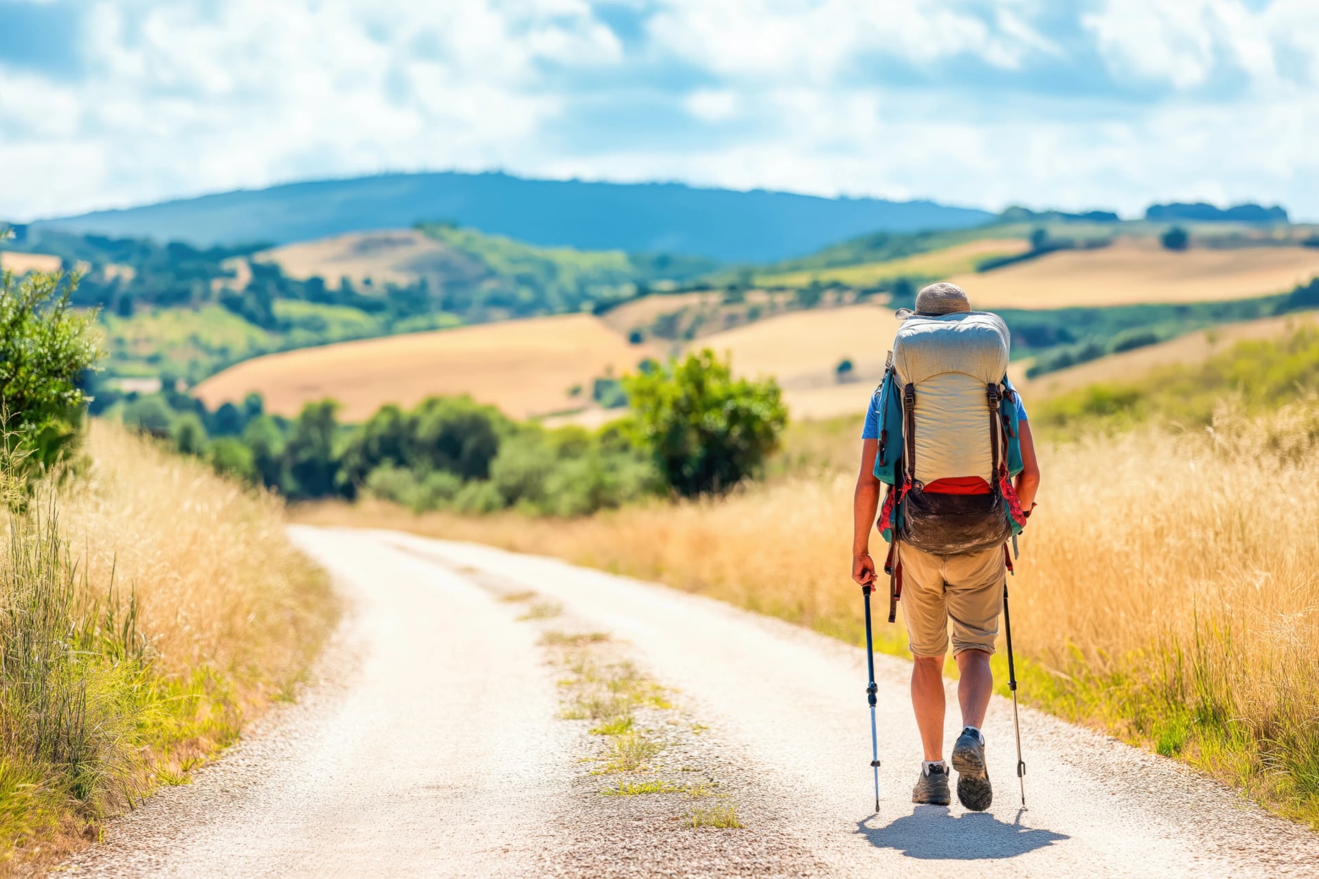 Lonely Pilgrim with backpack walking the Camino de Santiago in Spain, Way of St James