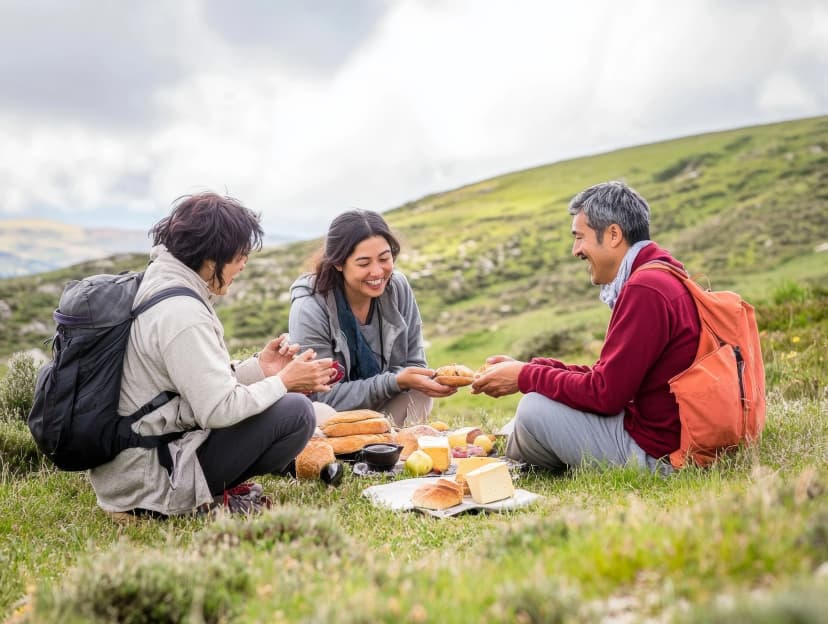 Diverse Group Sharing Picnic on Grassy Hill During Camino de Santiago Rest Stop