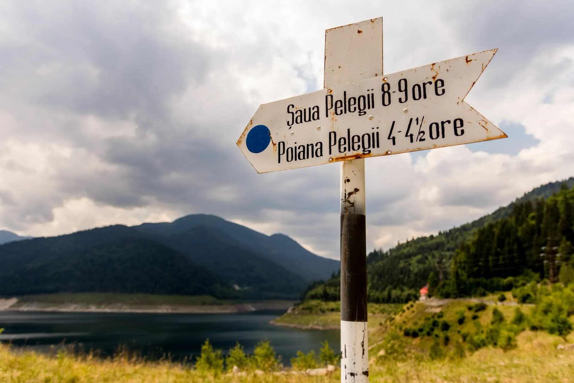 Closeup shot of a sign directing the distance to the hiking areas, Romania