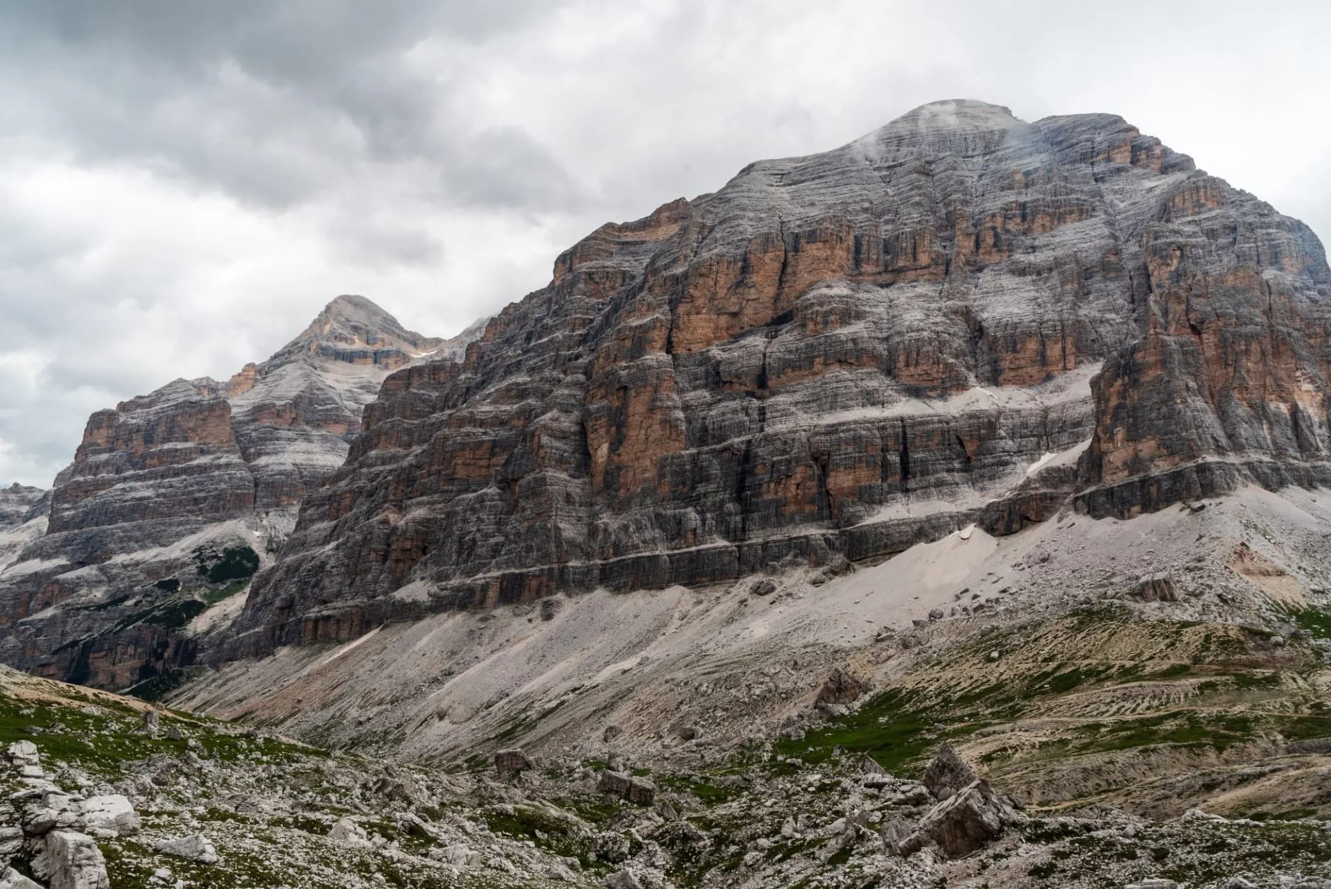 Tofana di Rozes mountain peak above highest part of Val Travenanzes valley in the Dolomites