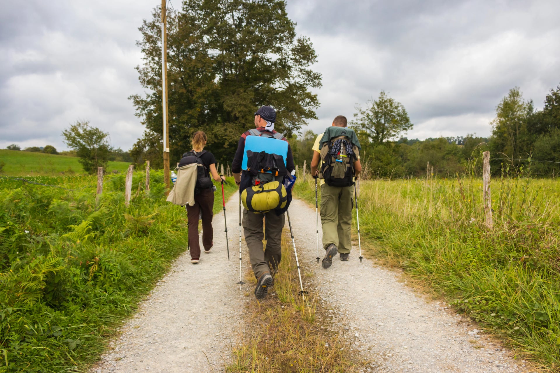 Spain - 10/01/2019: Three unknown pilgrims walking on Camino de Santiago. Group of tourists with backpacks on village road. Active people on the way. Pilgrimage concept. Backpackers from the back.
