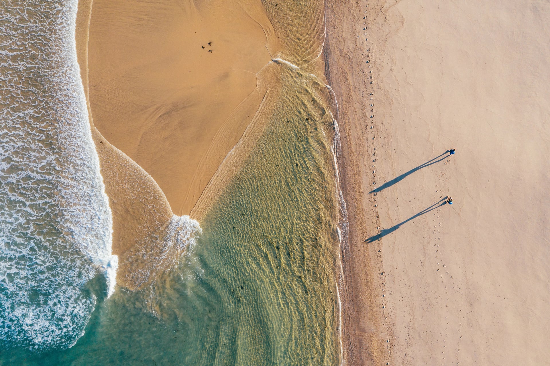 Top-down view of couple walking along sandy beach washed by Atlantic Ocean waves in Portugal casting long shadows in low sunrise light. Shot during the Camino Portuguese — popular pilgrimage route