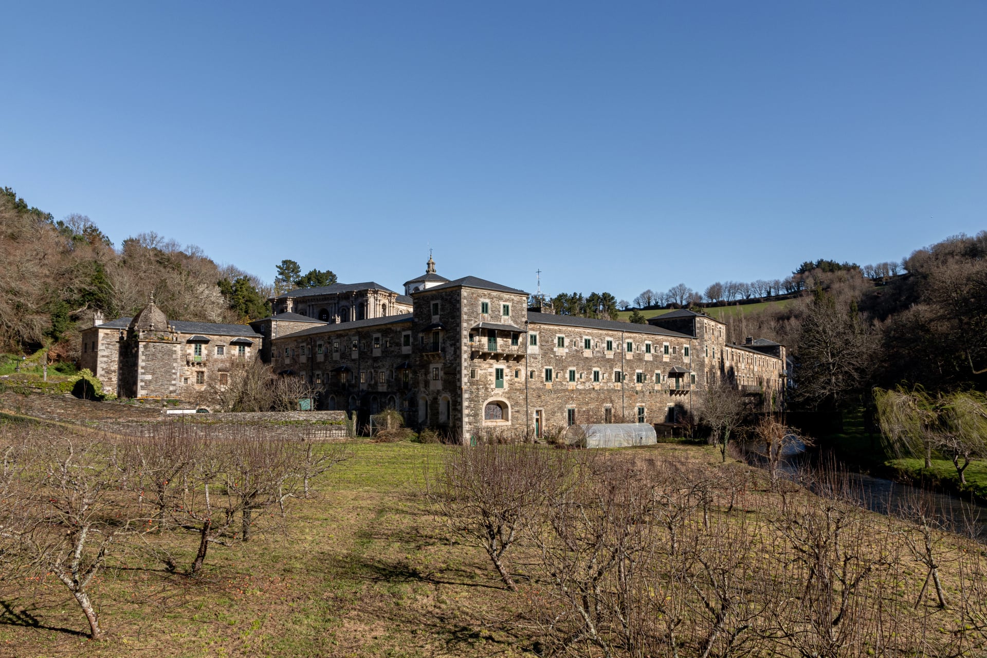 Samos, Spain. The Monastery of San Xulian, an active Benedictine monastery in Galicia founded in the sixth century in the Way of Saint James