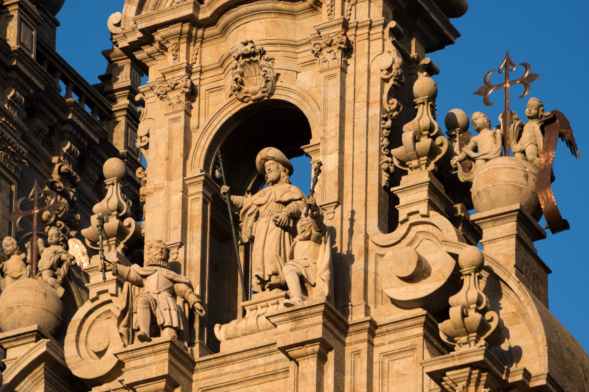 Statue of apostle Saint James. Cathedral of Santiago de Compostela, Spain. Obradeiro square in Santiago de Compostela The ending point of ancient pilgrim routes, Camino de Santiago or Way of St. James