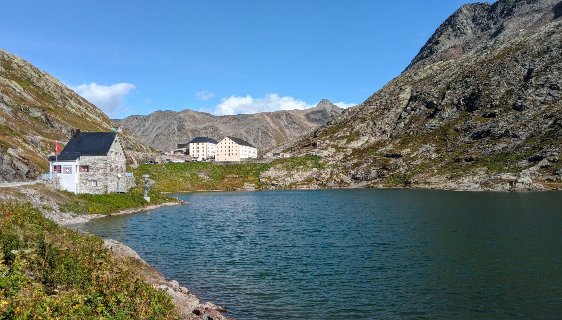 View of the Great St. Bernard Pass, the highest road pass in Switzerland, at an elevation of 2469 m. It connects Martigny in the canton of Valais in Switzerland with the region Aosta Valley in Italy.