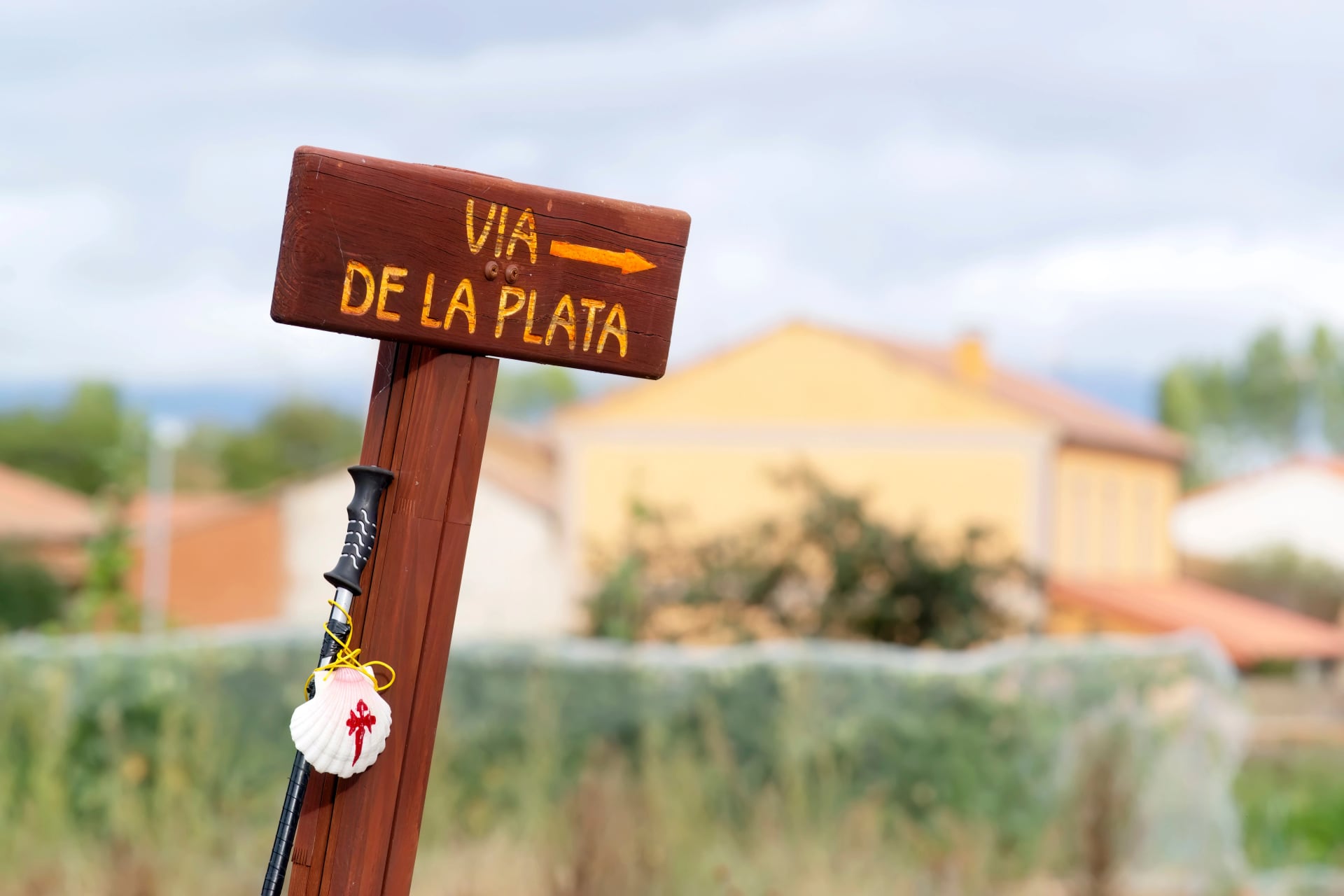 informative sign Via de la Plata , Silver way , for pilgrims to Compostela , on Camino de Santiago , Leon province in Spain