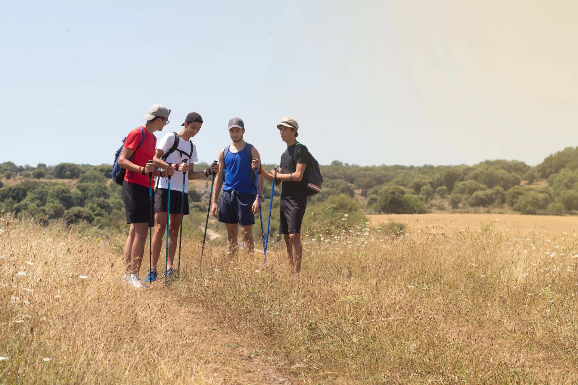 young people talking during a walk with the trekking sticks through the countryside and the Camino de Santiago