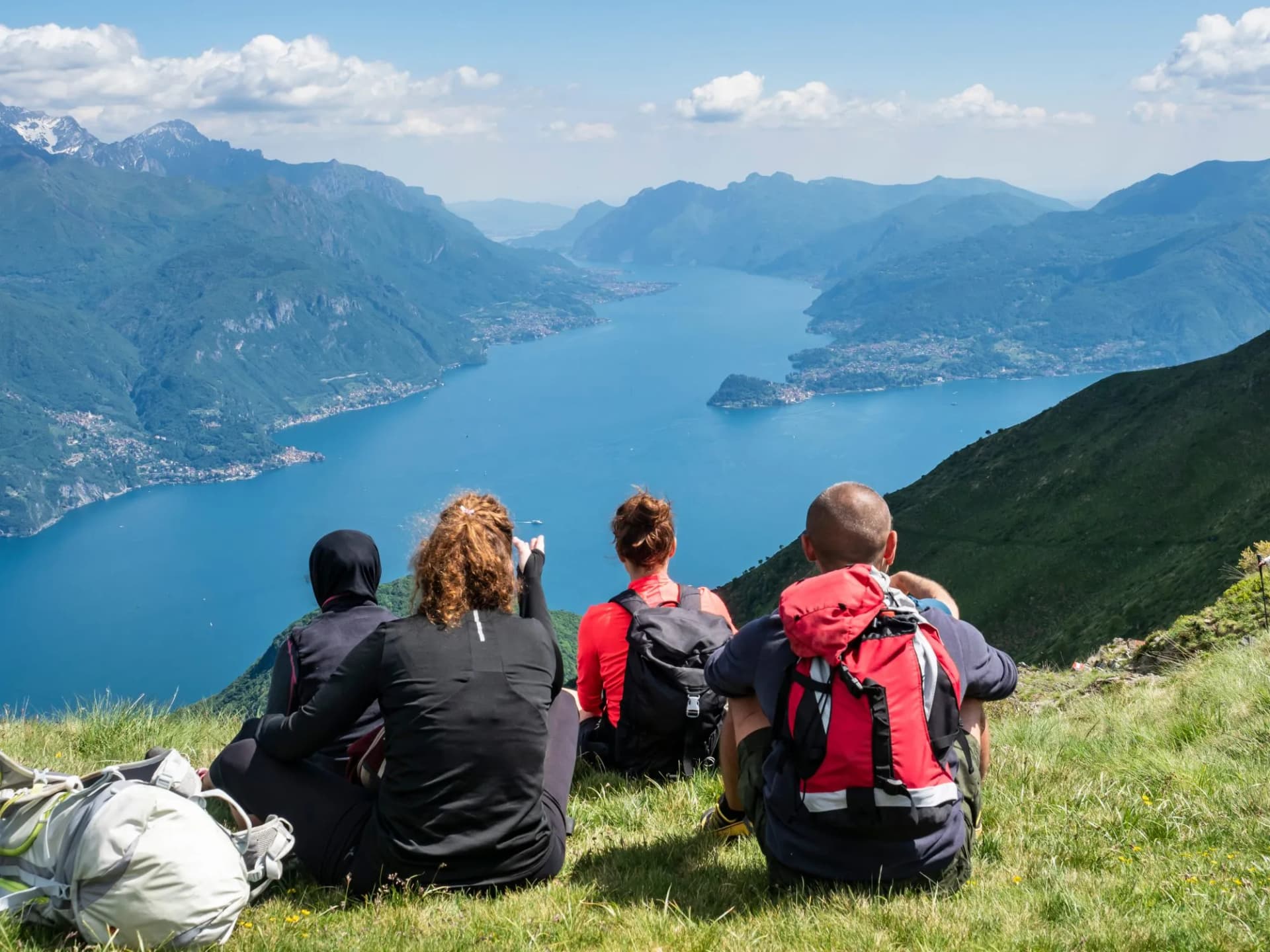 Trekking scene on Lake Como Alps