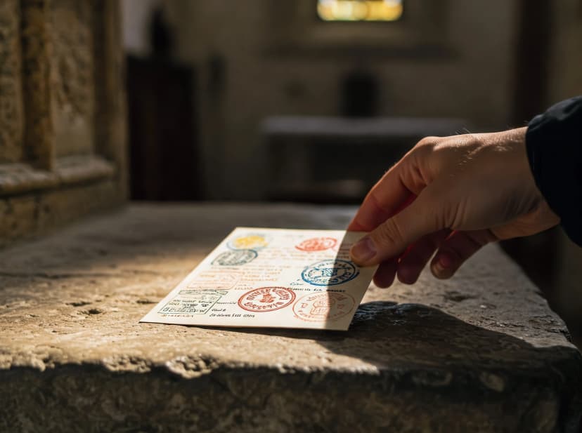 Hand holding a stamped pilgrim credential on a stone altar, symbolizing Camino de Santiago journey and proof of completed stages.