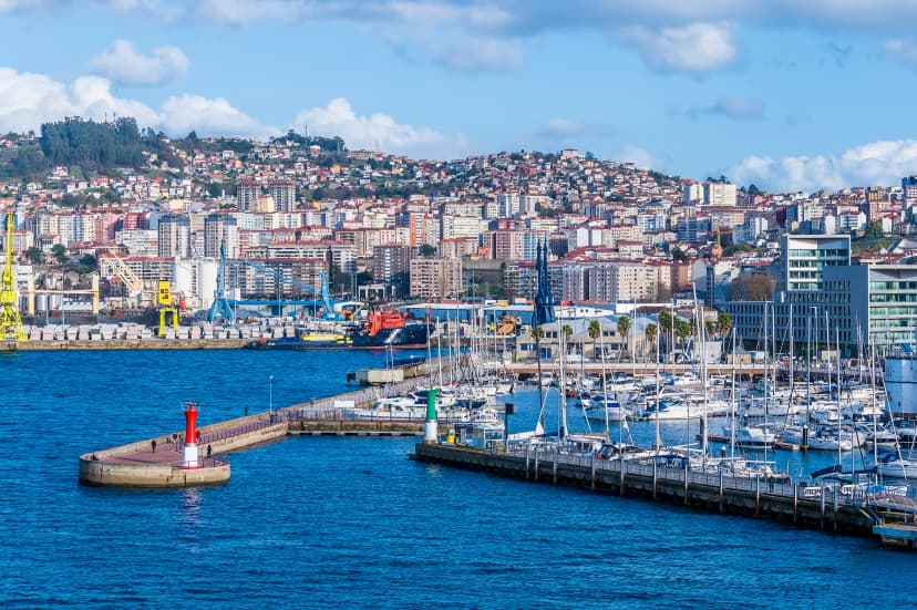 A view from the cruise terminal towards the port in Vigo, Spain on a spring day