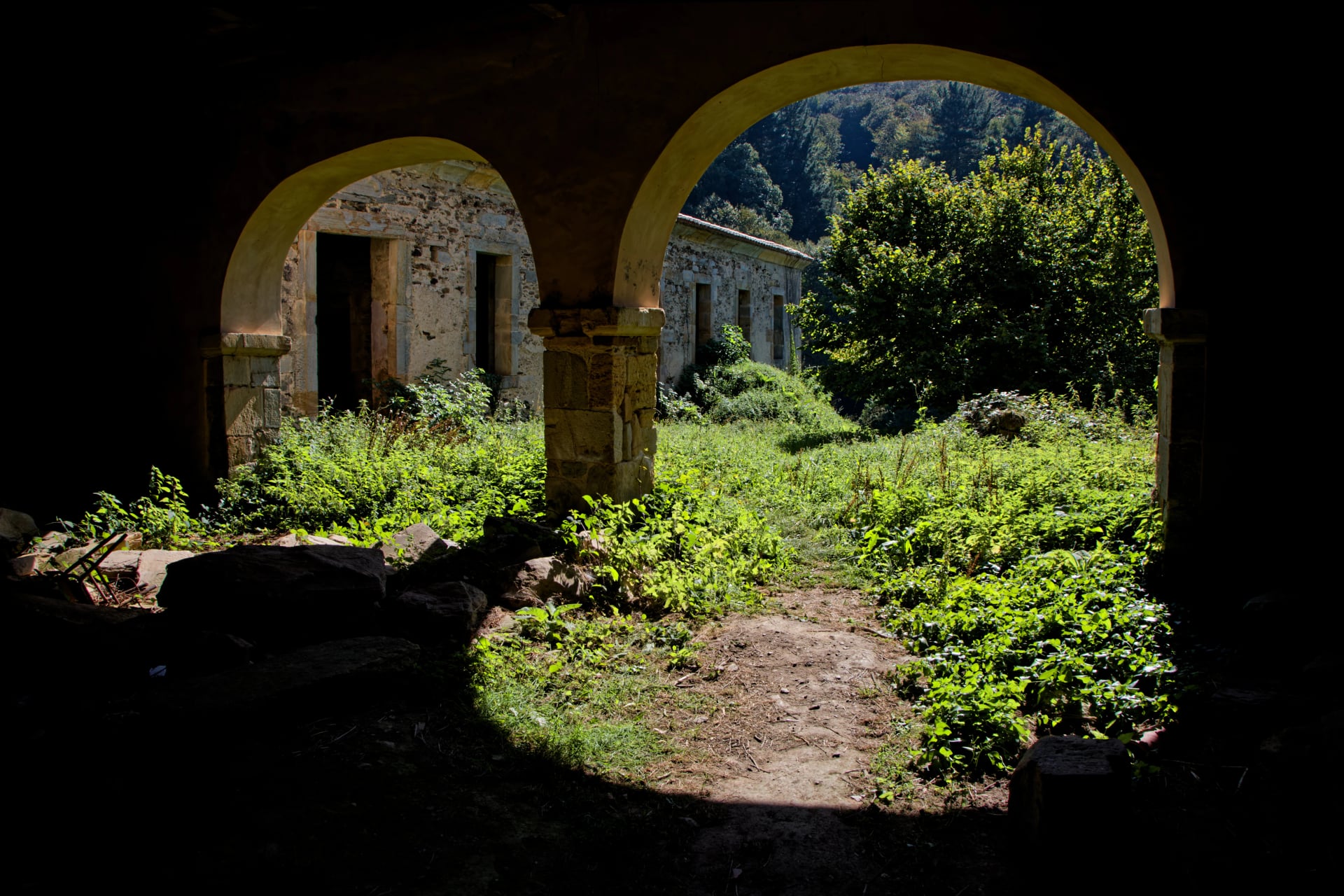 OBONA, SPAIN, October 2, 2023 : Ruins of cloister, remained uncompleted, of Monastery Santa Maria la Real d'Obona