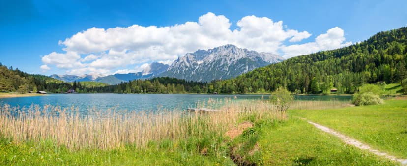 pictorial lake Lautersee at springtime, view to karwendel mountains, upper bavaria in may