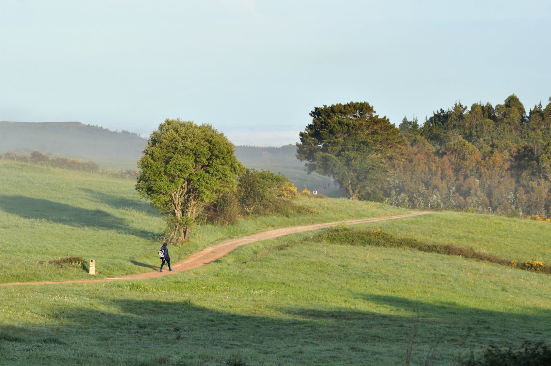 Landscape of the ways of Santiago between Compostela and Finisterre, pilgrims walking, journey of faith