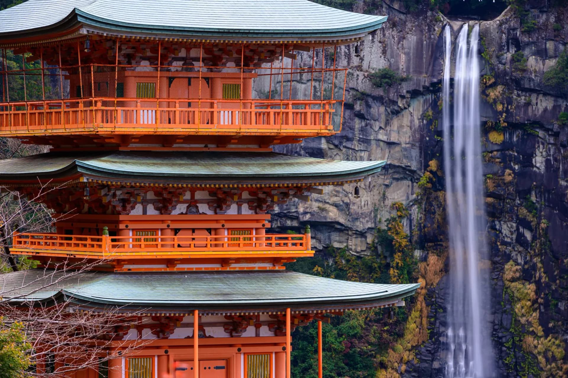 close up of wakayama shrine with waterfalls beside, the scenery view and popular famous place for tourist and traveller visit in Japan