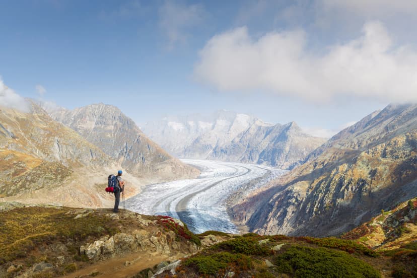 Automnal landscape view of a hiker contemplating the Aletsch glacier