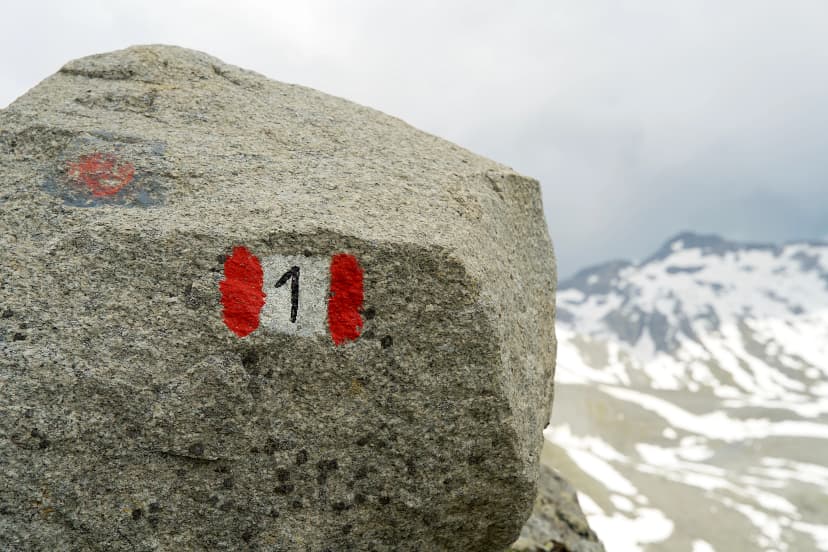 close up of a rock with a red and white road marking on a mountain trail
