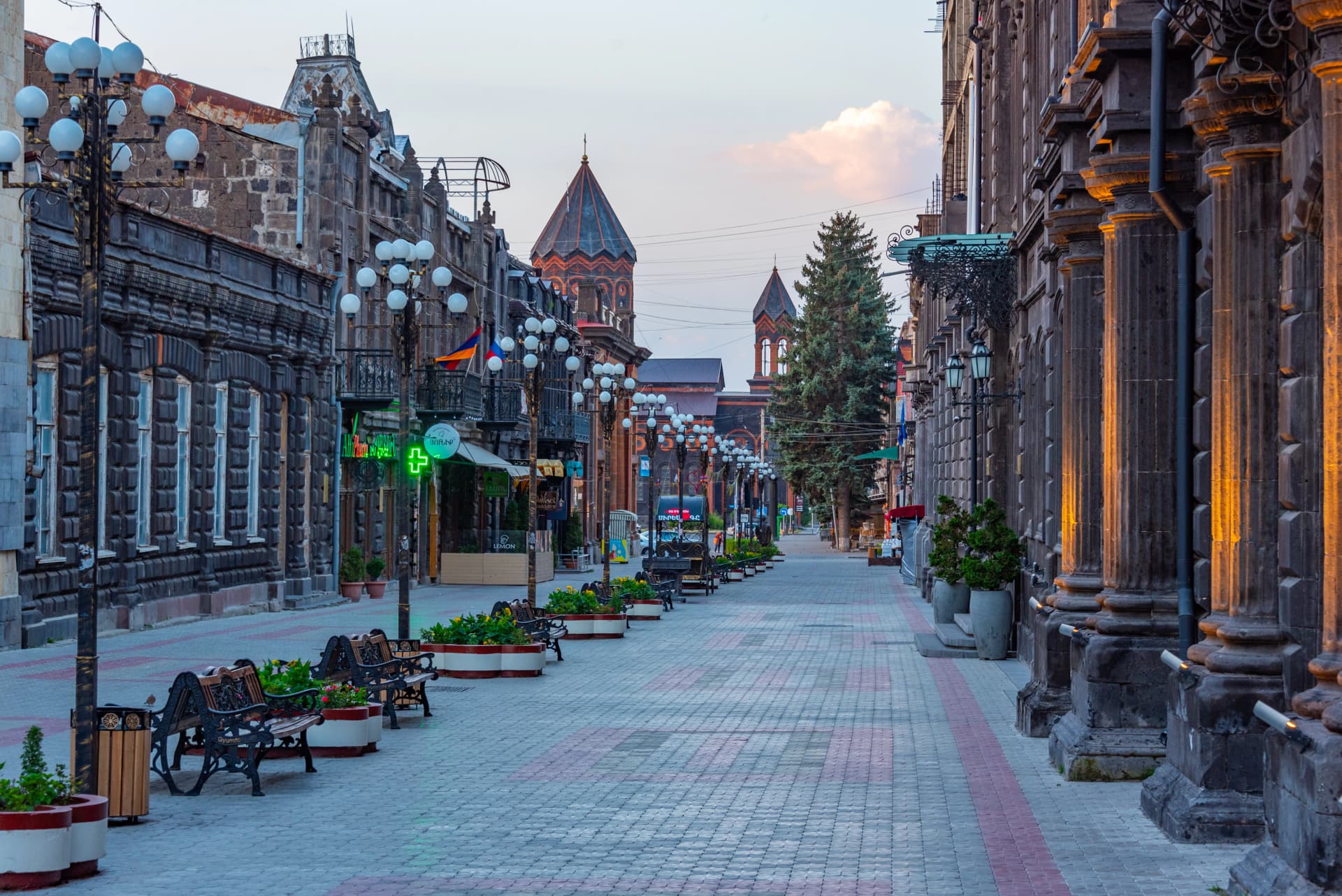 Sunset view of a street in the center of Gyumri, Armenia