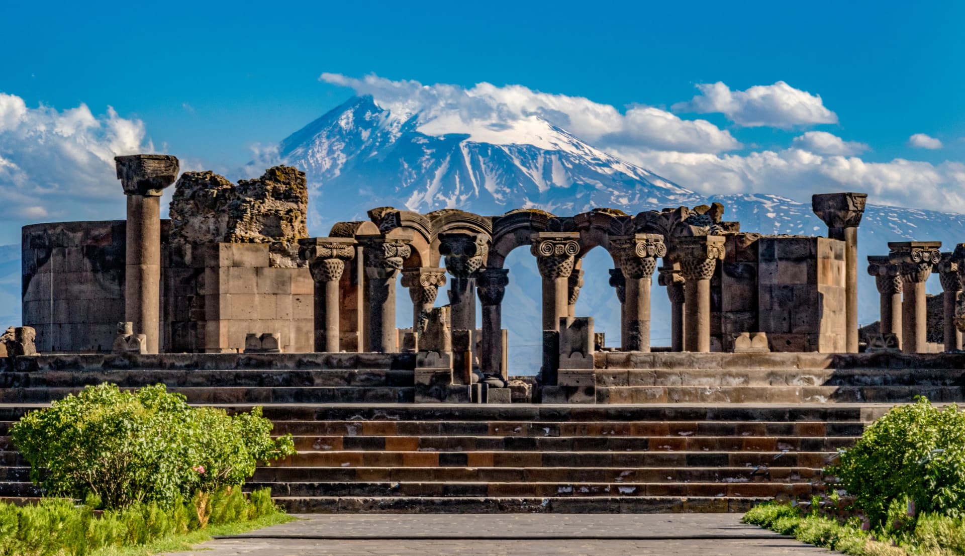 Ruins of the Zvartnos temple in Yerevan, Armenia, with Mt Ararat in the background