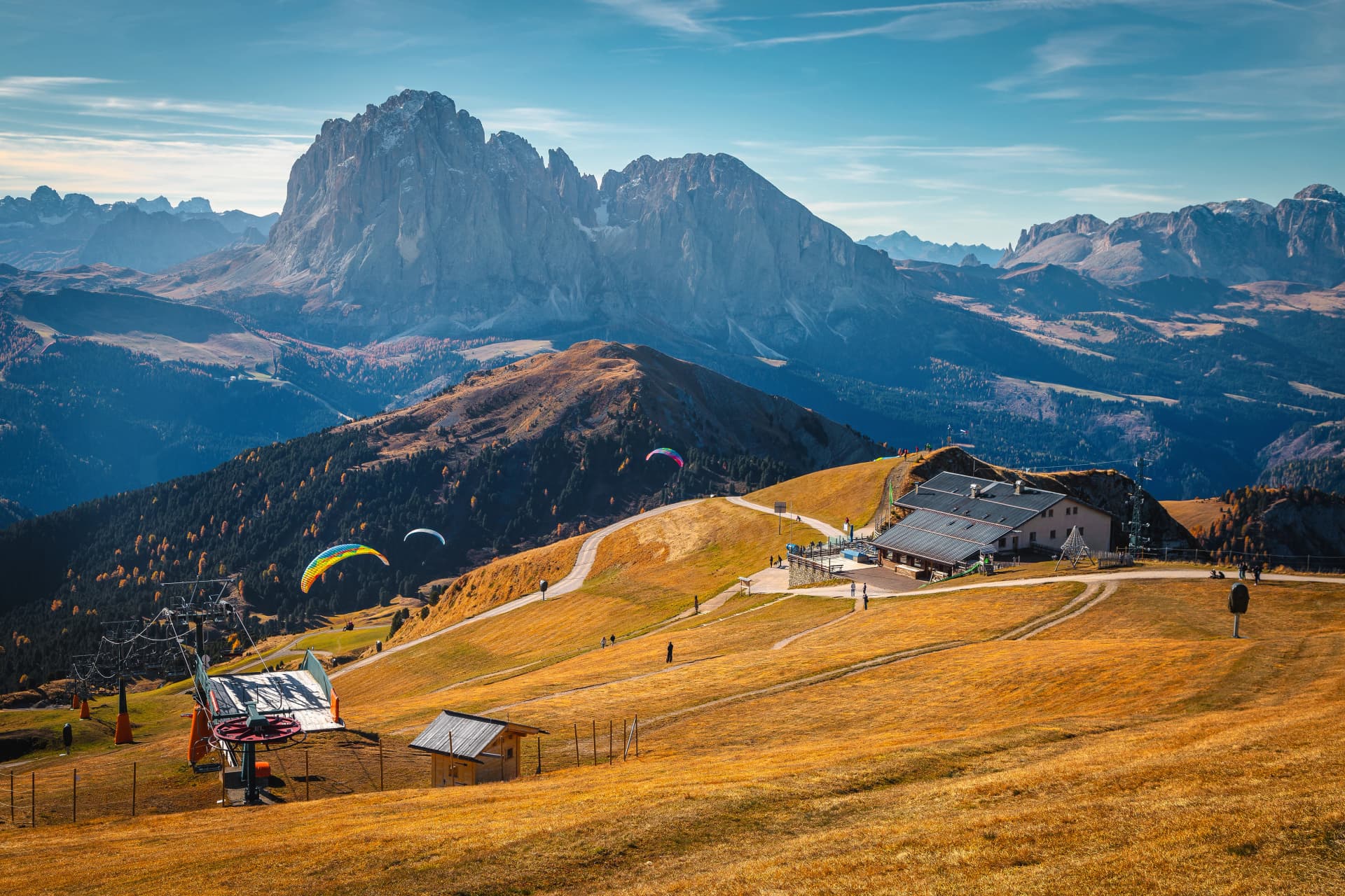 Beautiful view and paragliders flying from the Seceda, Italy