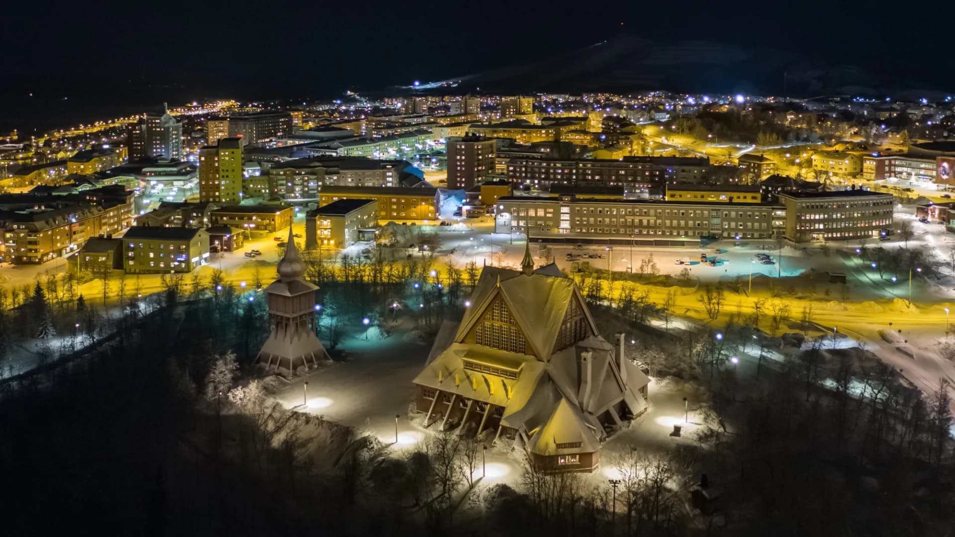 Kiruna church aerial picture with Kiruna C in the background
