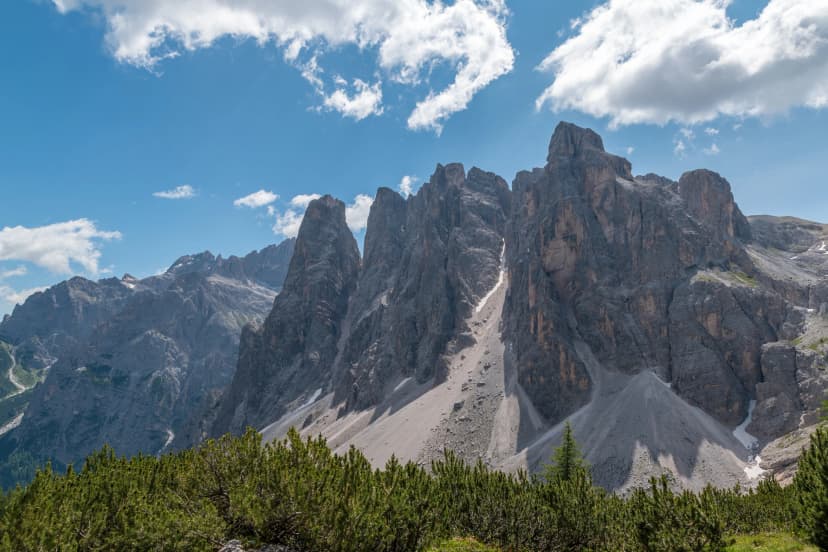 View to Cima Uno one of the five Dolomite peaks of the Sesto sundial in the Italian Dolomites.