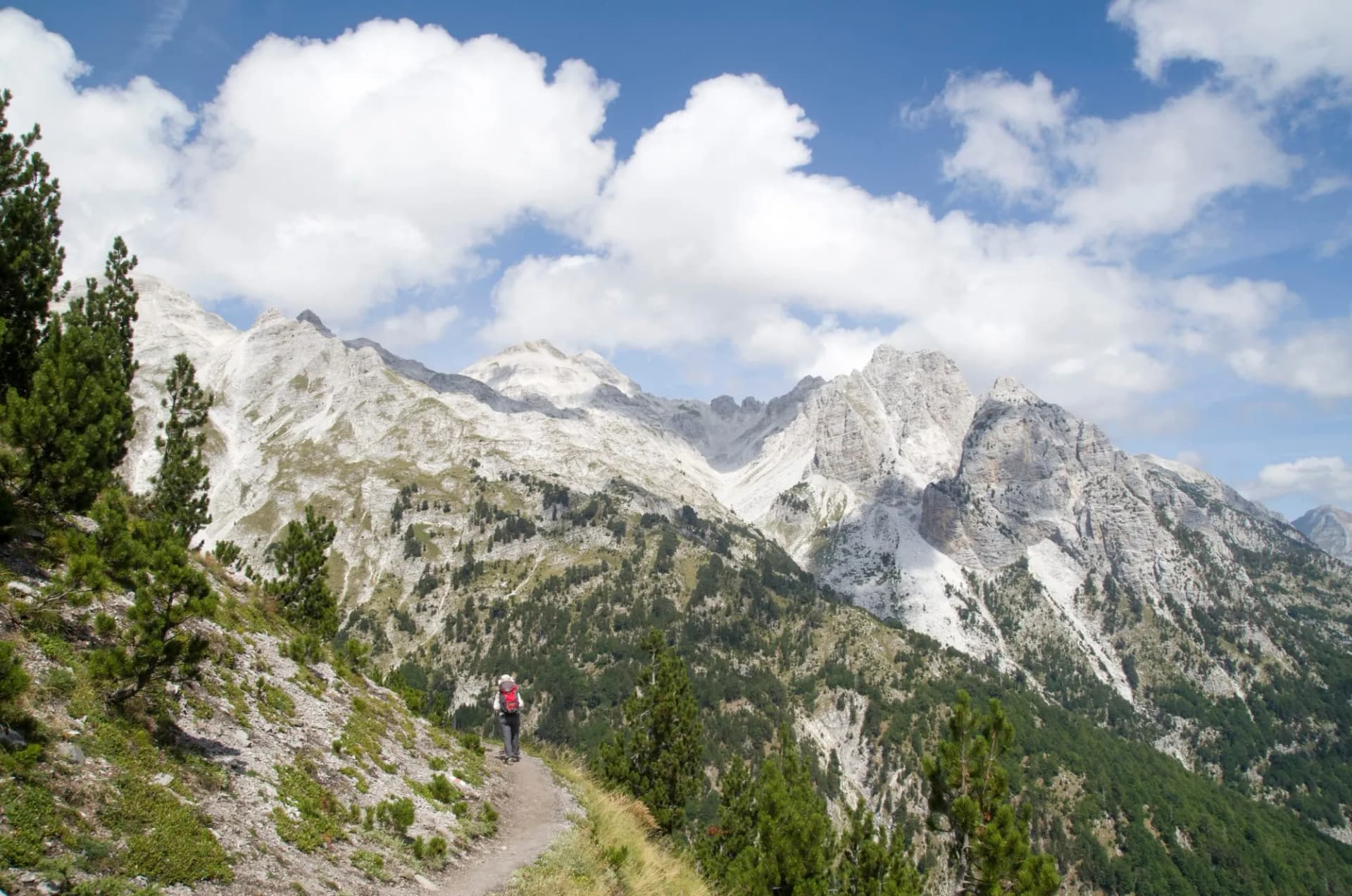 View of summit Jezerca in Albanian Alps from Valbona Pass during hike from Theth to Valbona