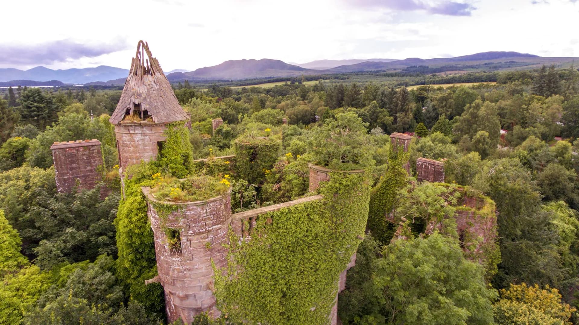 Turret and tower of castle ruin.