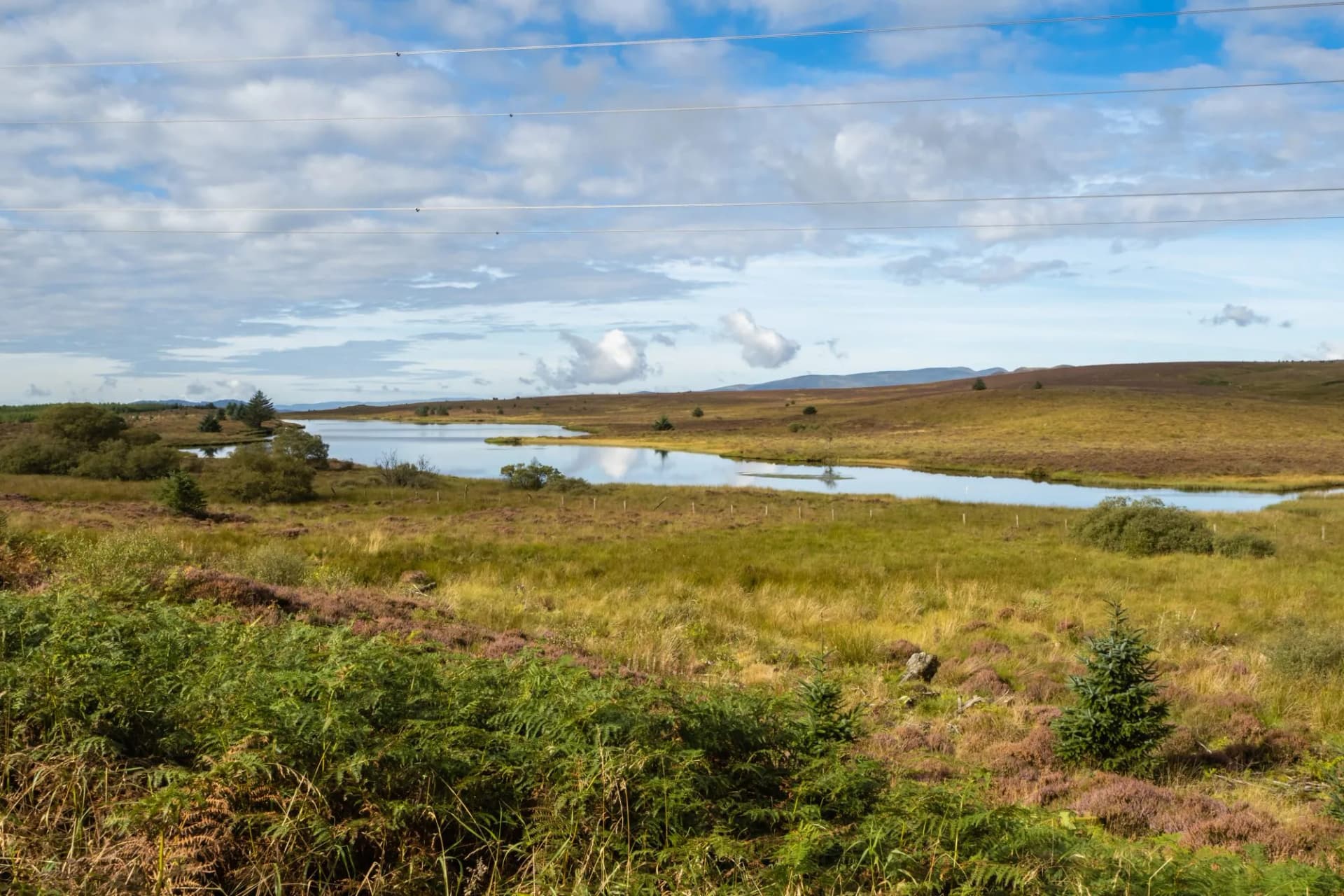 Long distance walking on the Rob Roy Way between Drymen and Aberfoyle with Ben Lomond in the distance and blue skies with white clouds.